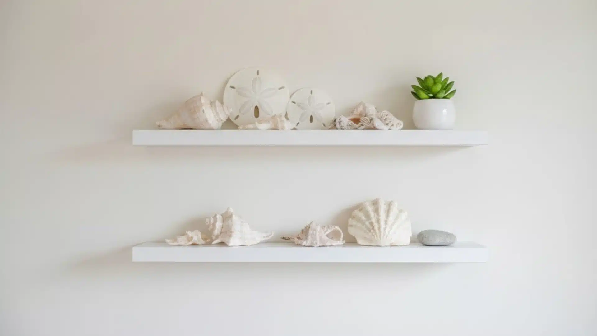 white floating shelves displaying seashells and a small green plant