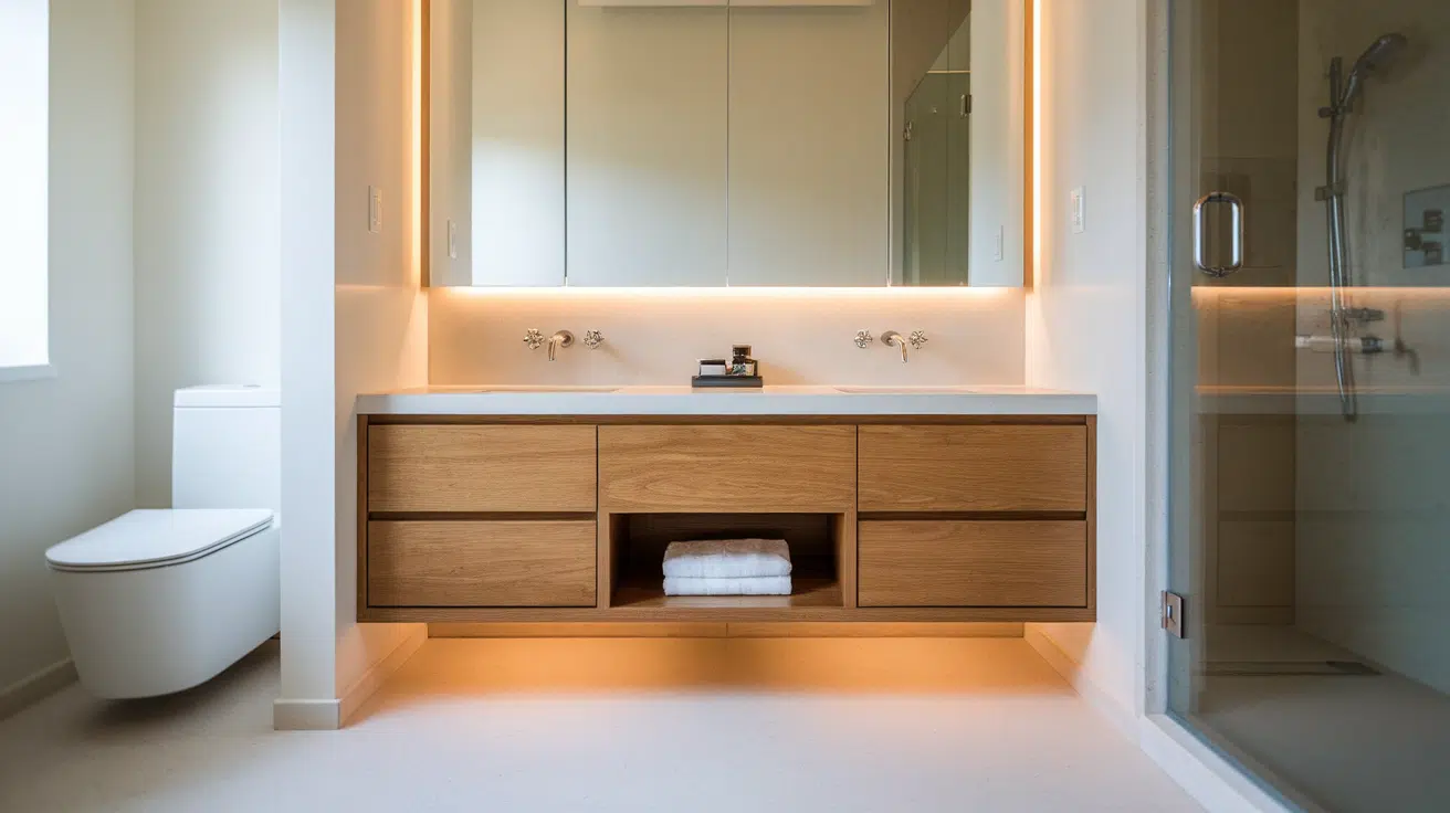 floating wood vanity with under-cabinet lighting, a wide mirror, and towel storage