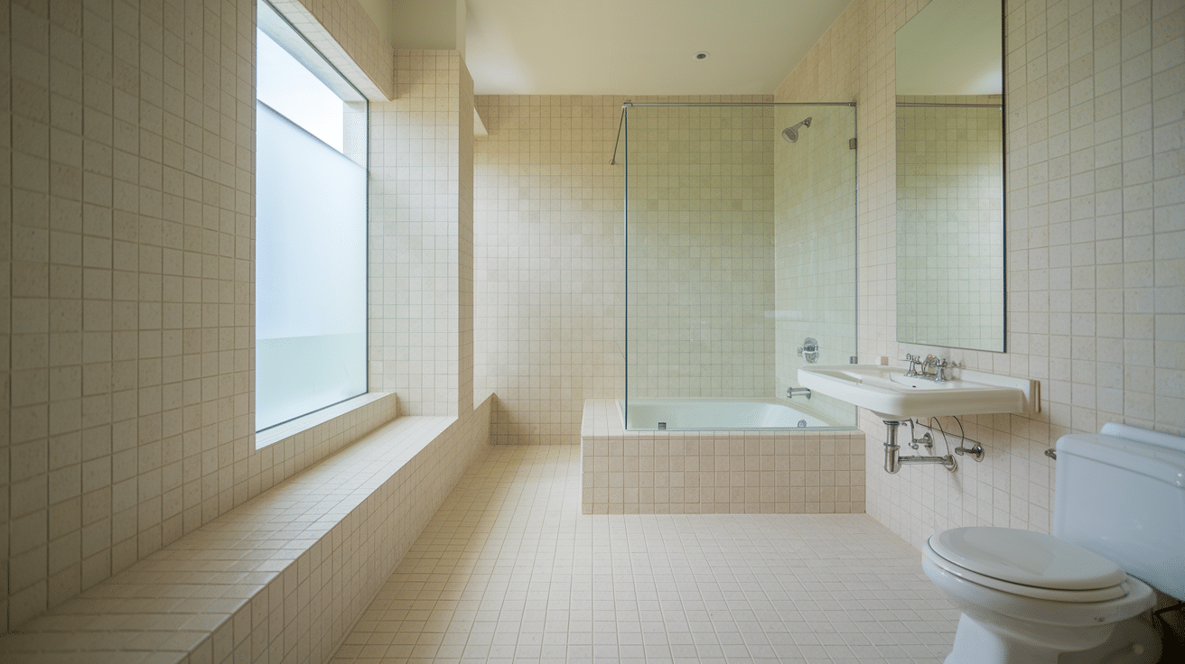 bathroom with floor-to-ceiling pale tiles, a glass shower, and a built-in bathtub