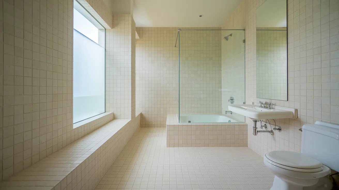 bathroom with floor-to-ceiling pale tiles, a glass shower, and a built-in bathtub