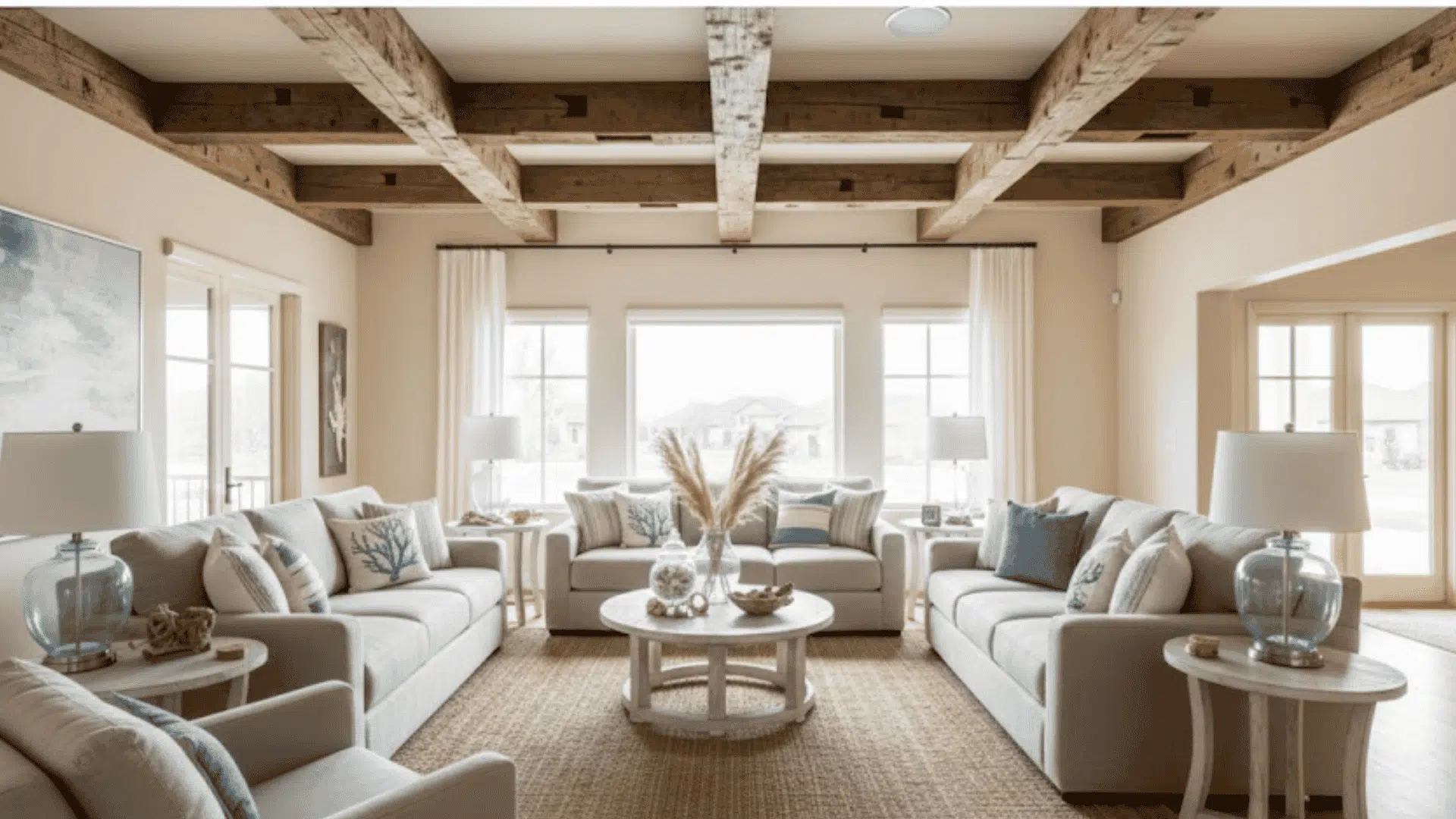 bright coastal living room with floor-to-ceiling windows and exposed ceiling beams