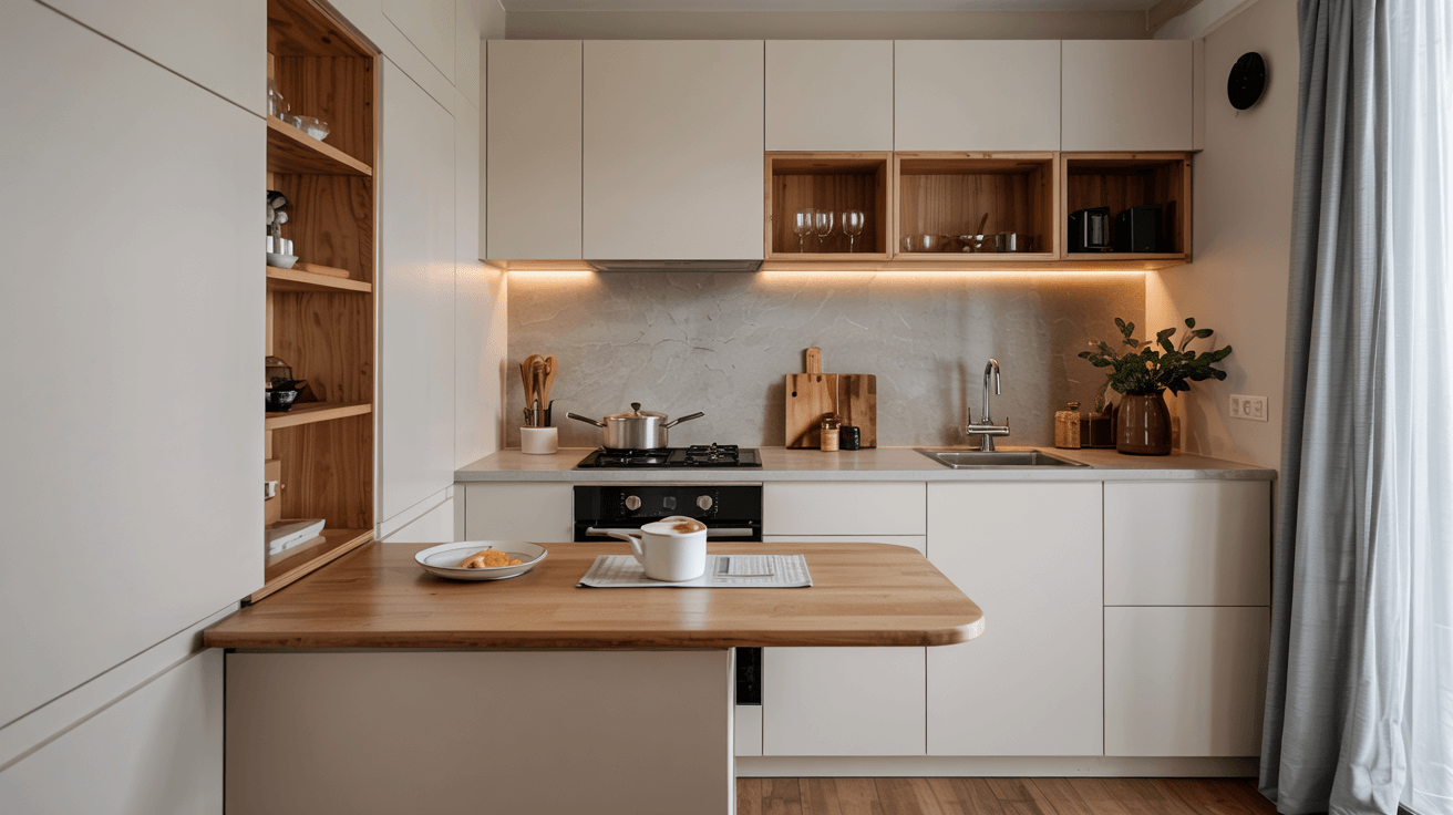 clutter-free kitchen with a marble backsplash, white cabinets, and a clean central cooktop