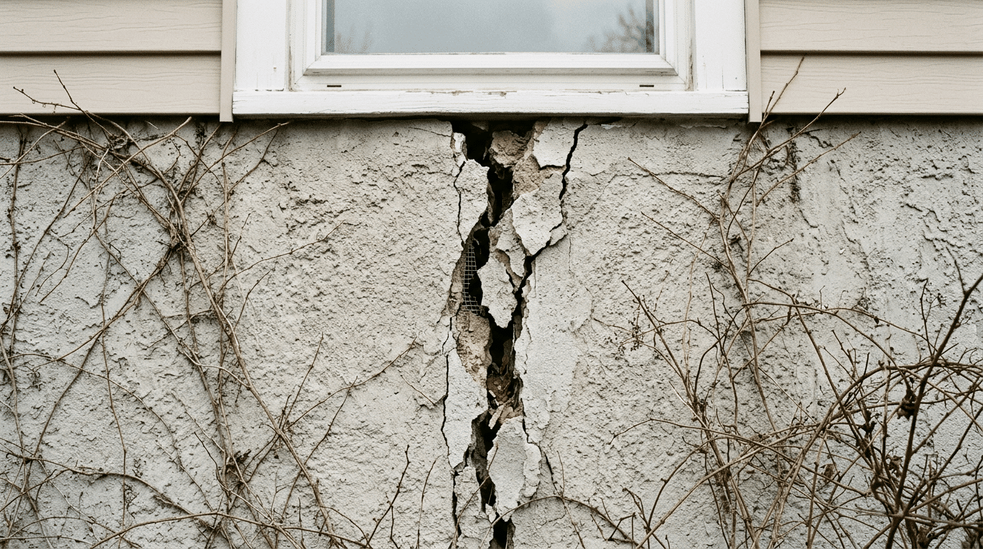 large vertical crack in a damaged concrete foundation wall below a window