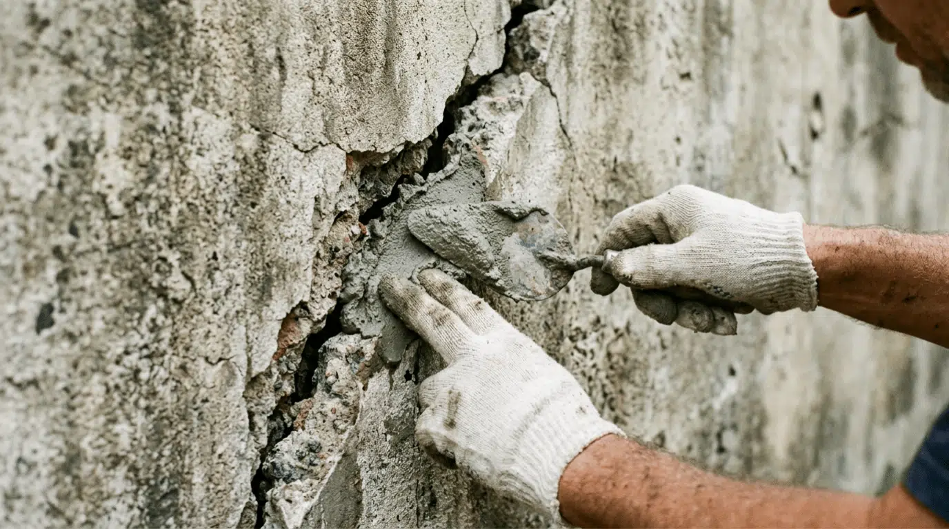 Worker repairing a cracked concrete foundation wall with cement and tools