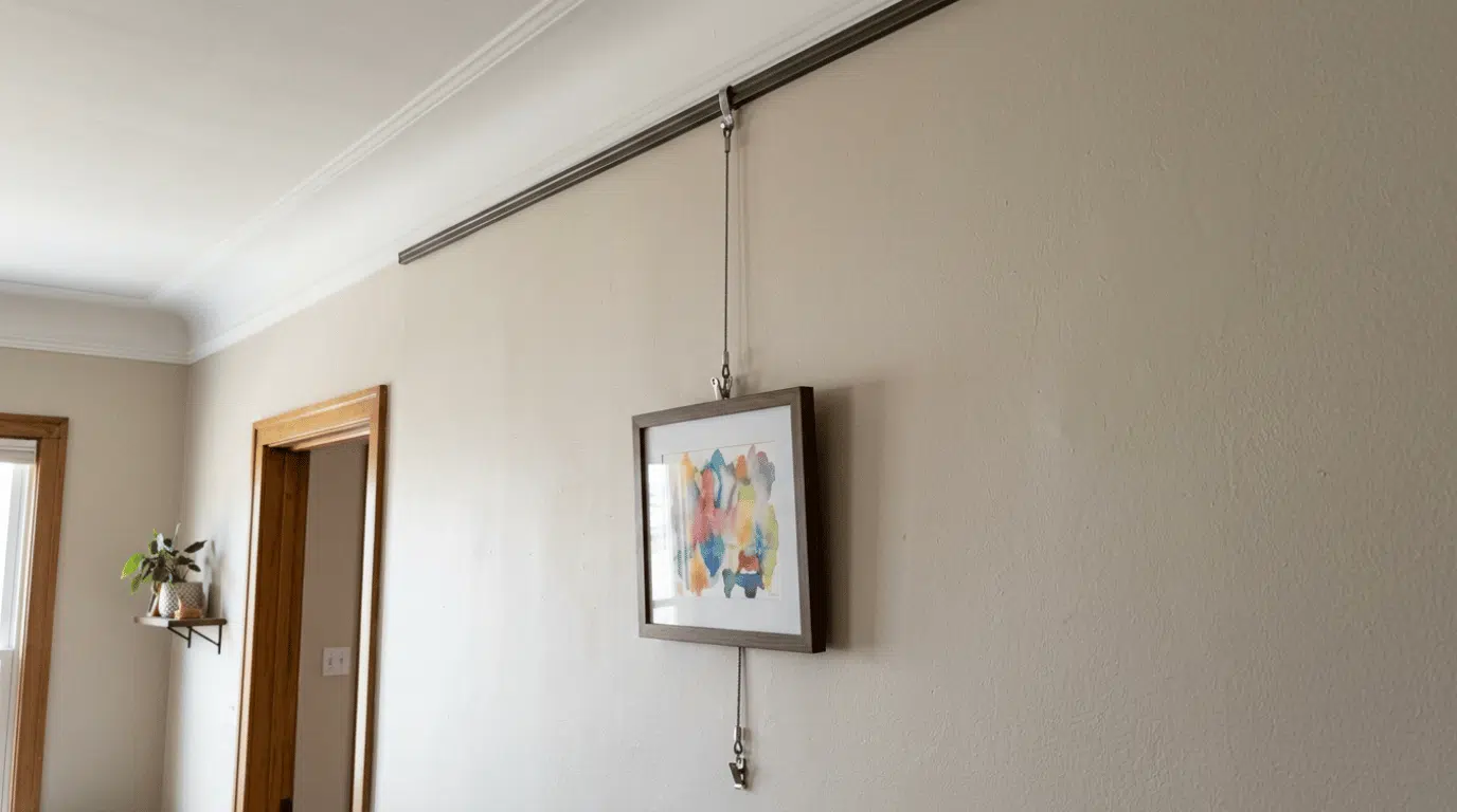 framed picture hanging from a cord and clip on a wall-mounted picture rail