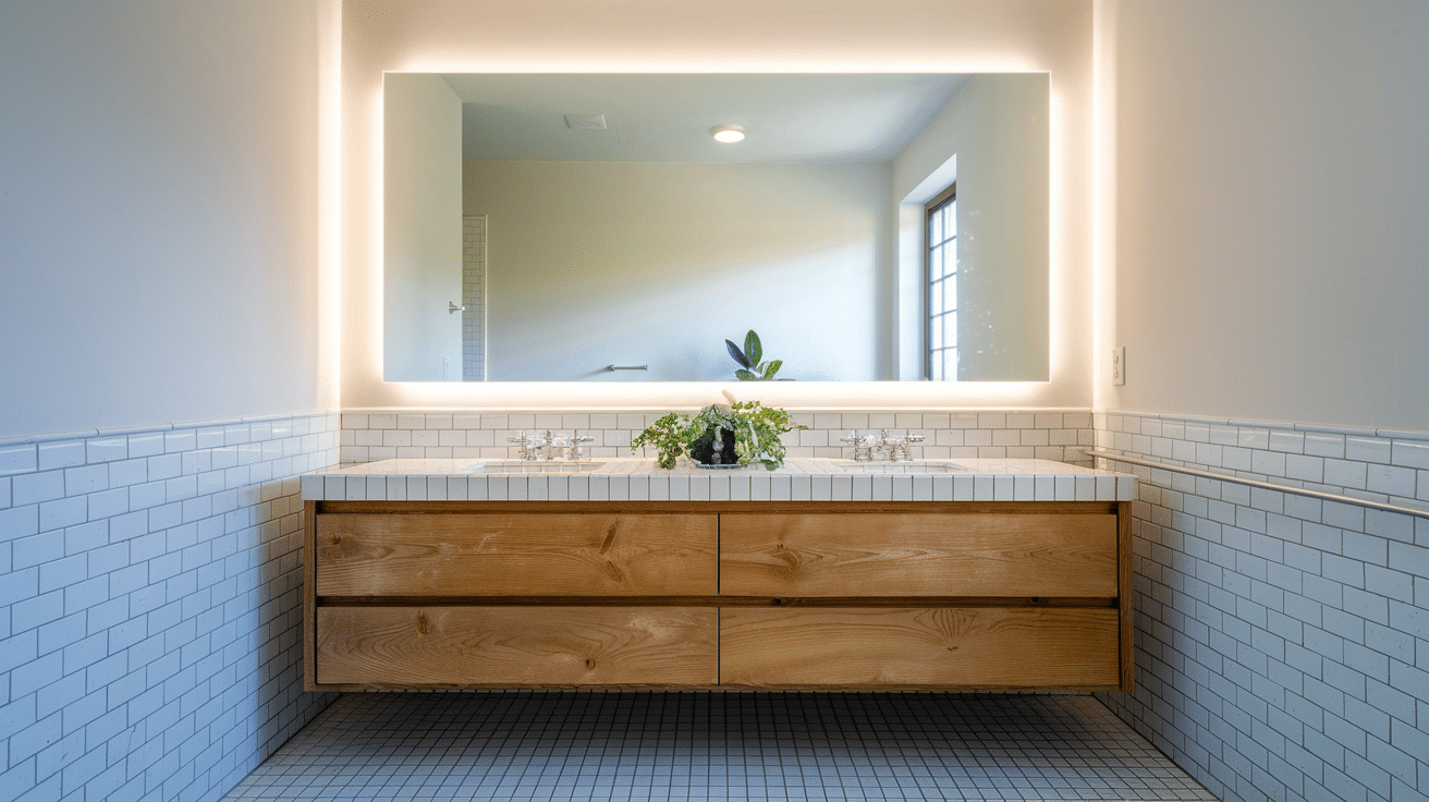 wide frameless illuminated mirror above a floating wooden vanity in a modern bathroom