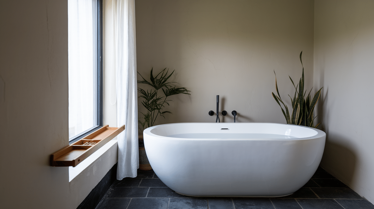 white freestanding bathtub beside a tall window, dark tiled floor, and green plants