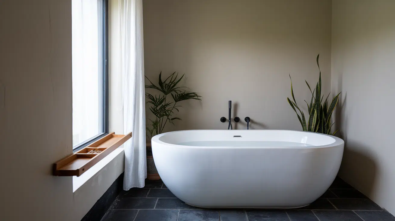 white freestanding bathtub beside a tall window, dark tiled floor, and green plants