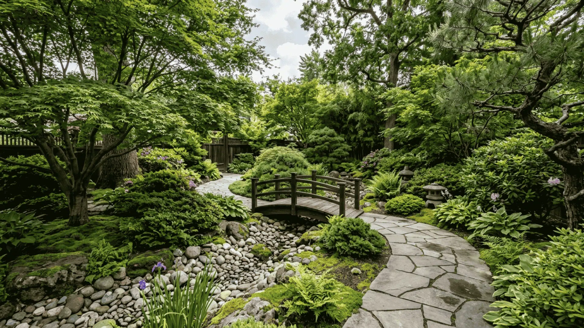 curved stone path and wooden bridge cross a dry creek in a lush japanese garden.