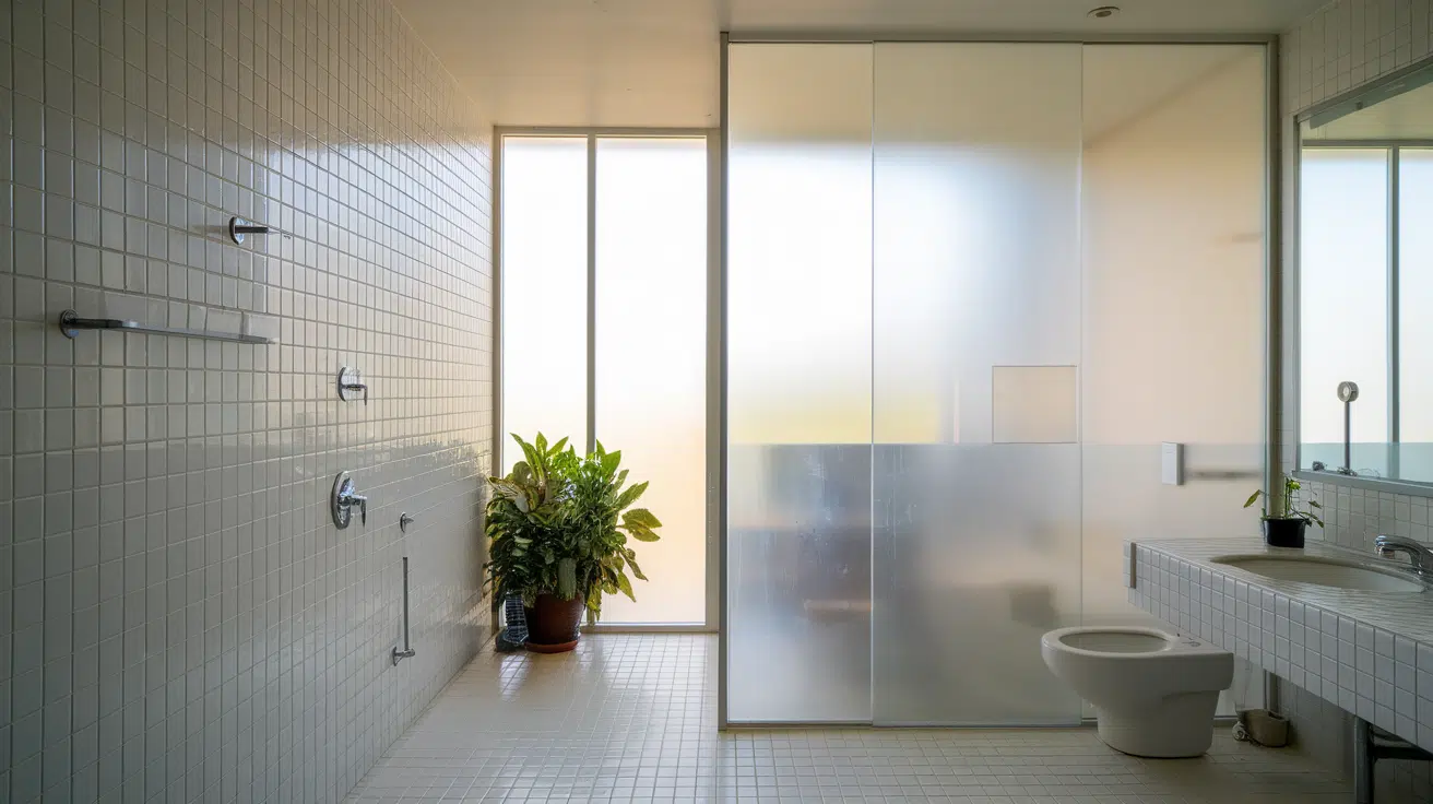 bathroom with a frosted glass door, tiled shower, white vanity, and potted plant