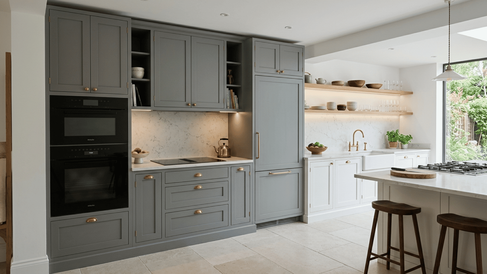 Full-height gray storage wall with white cabinets, open wood shelves, and brass fixtures.