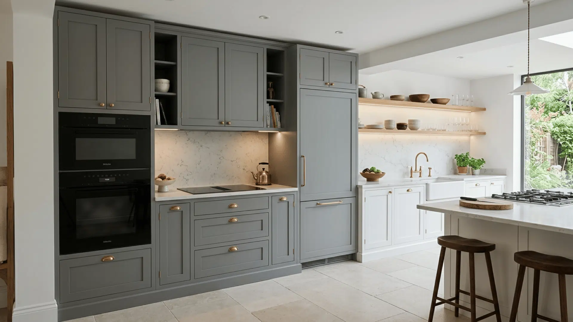Full-height gray storage wall with white cabinets, open wood shelves, and brass fixtures.