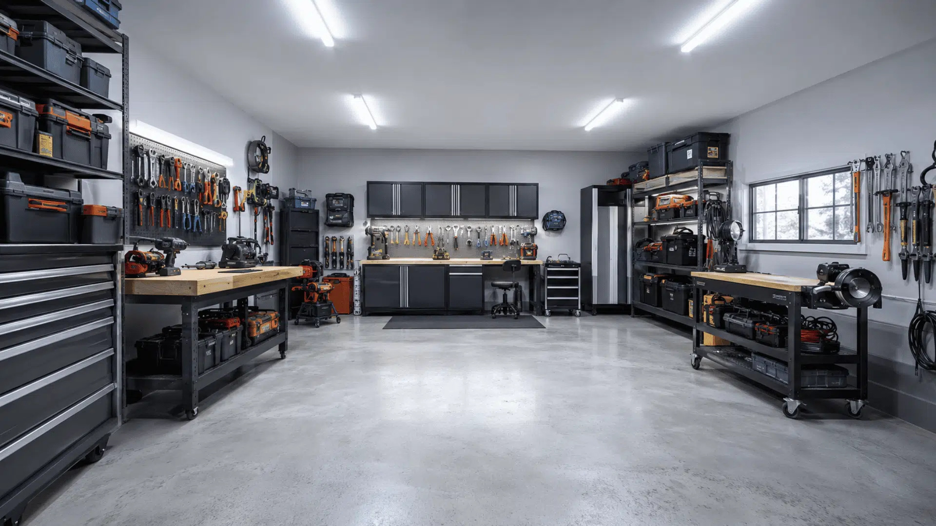 Garage workshop lit with cool daylight 6000K lighting