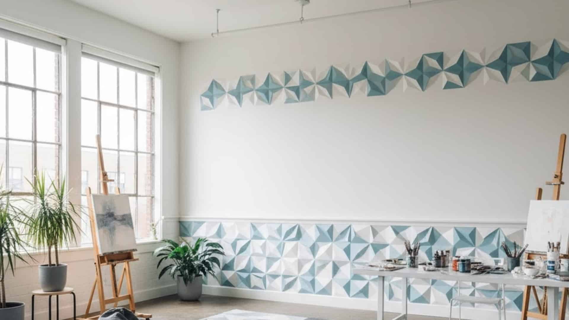 bright creative room with blue geometric patterned chair rail molding across white walls