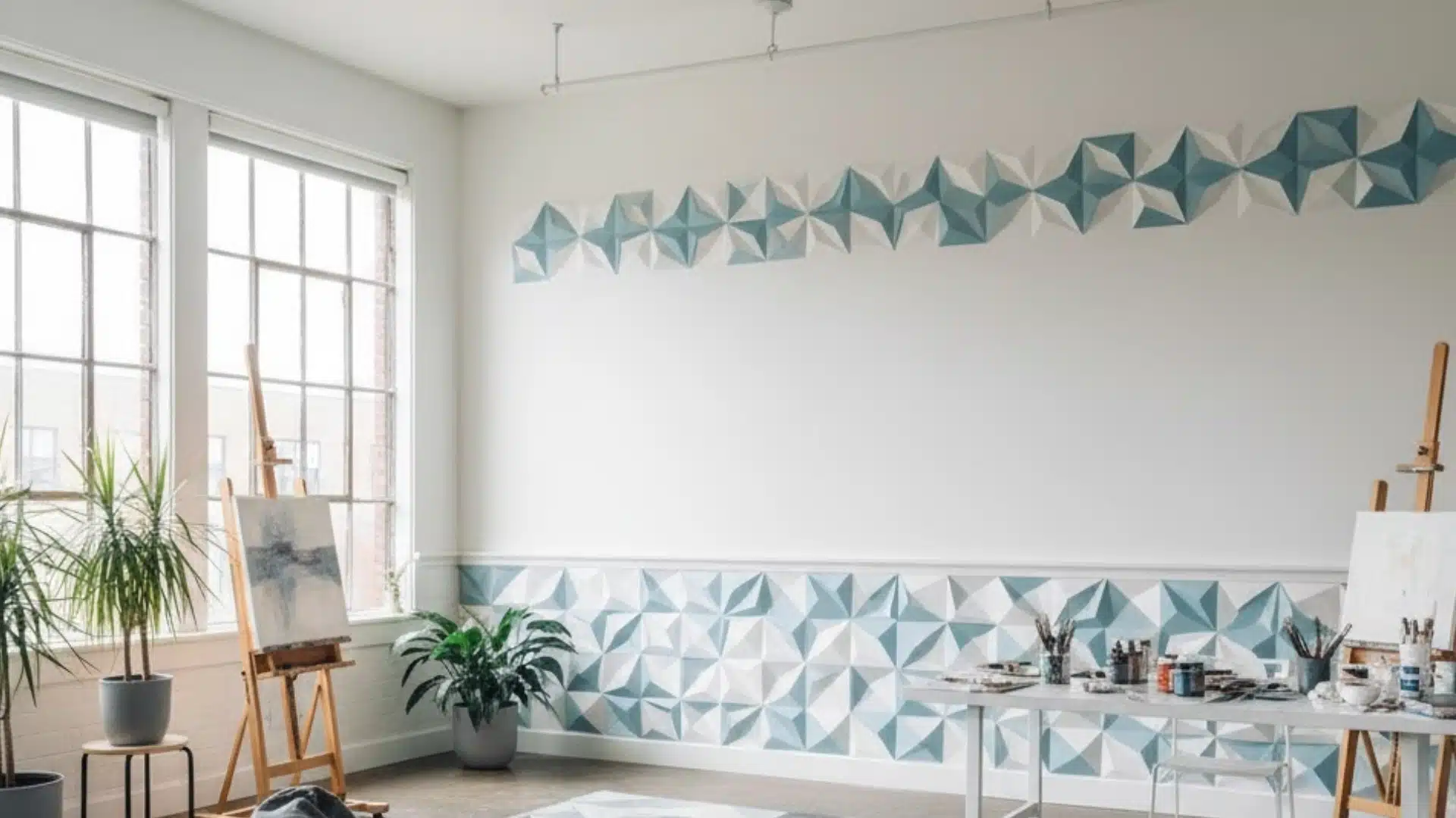 bright creative room with blue geometric patterned chair rail molding across white walls