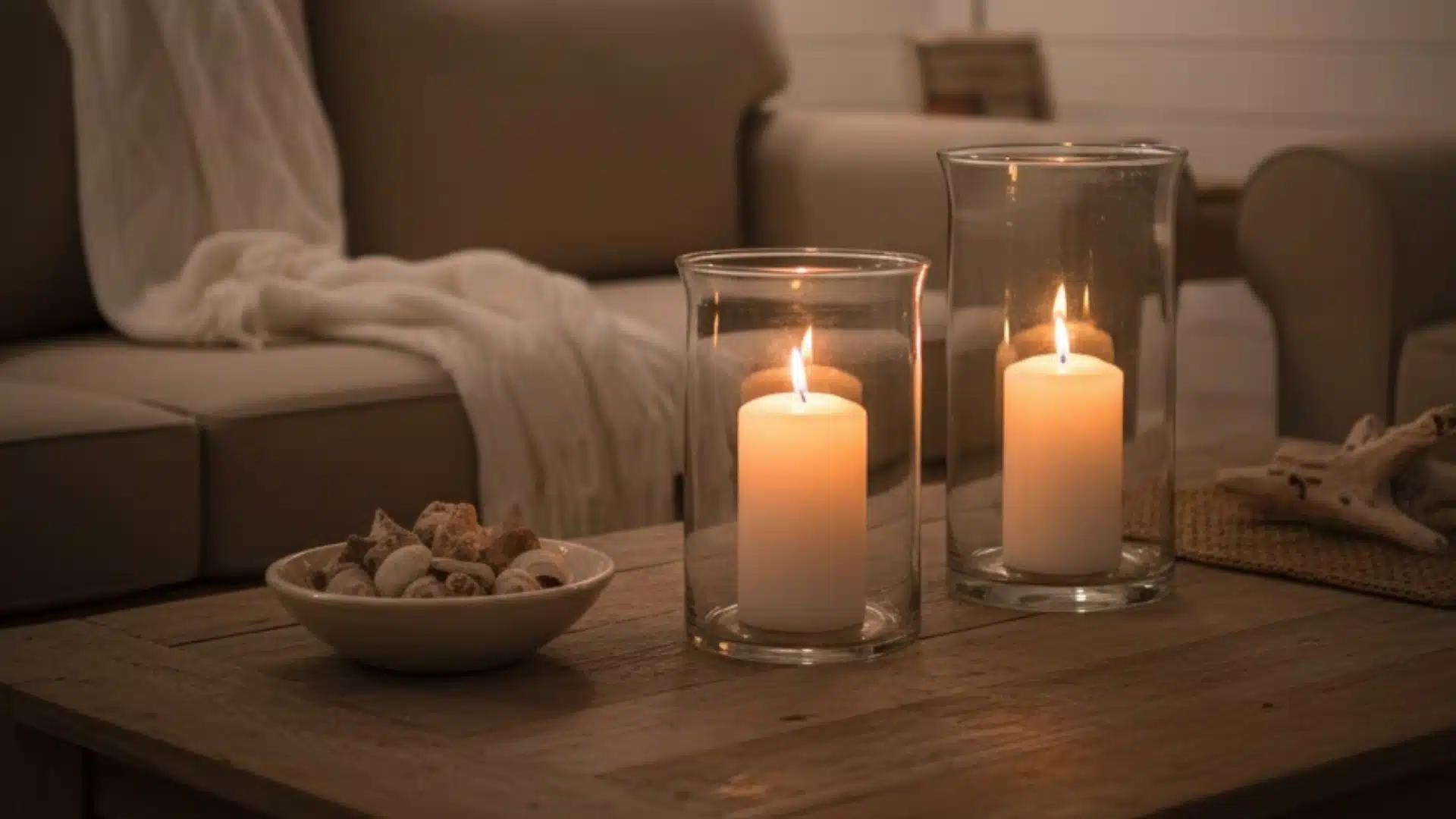 glass hurricane lanterns with lit candles on a wooden coffee table