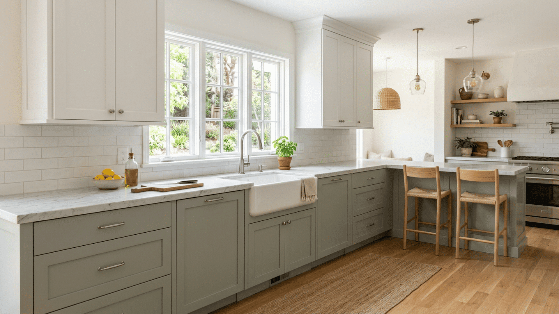 Two-tone kitchen with sage green lower and white upper cabinets