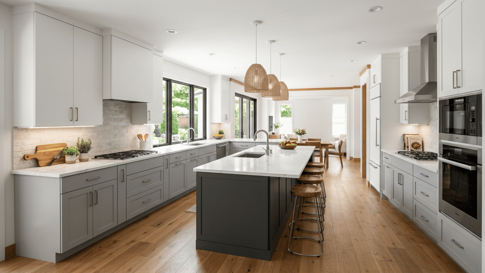 Spacious gray and white kitchen with a dark island, white counters, and wood floors.
