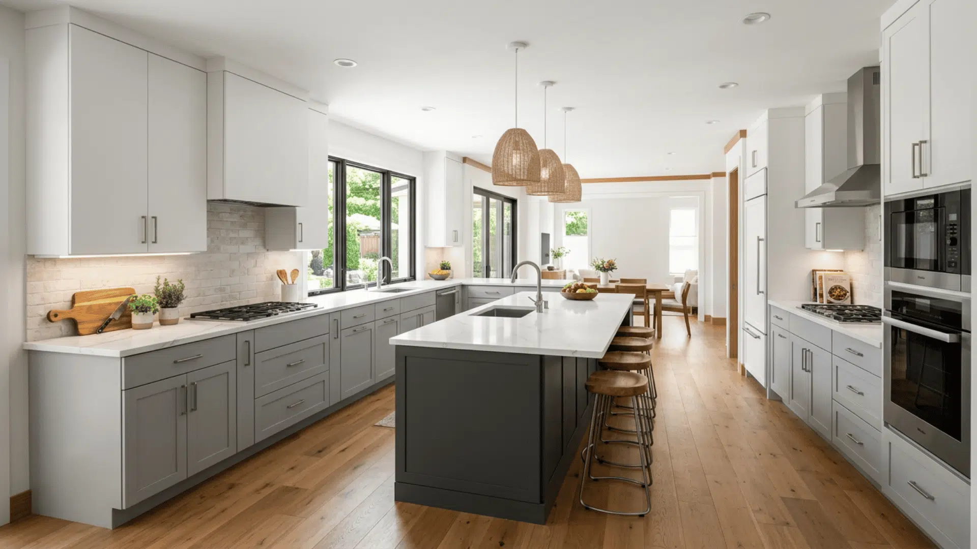 Spacious gray and white kitchen with a dark island, white counters, and wood floors.