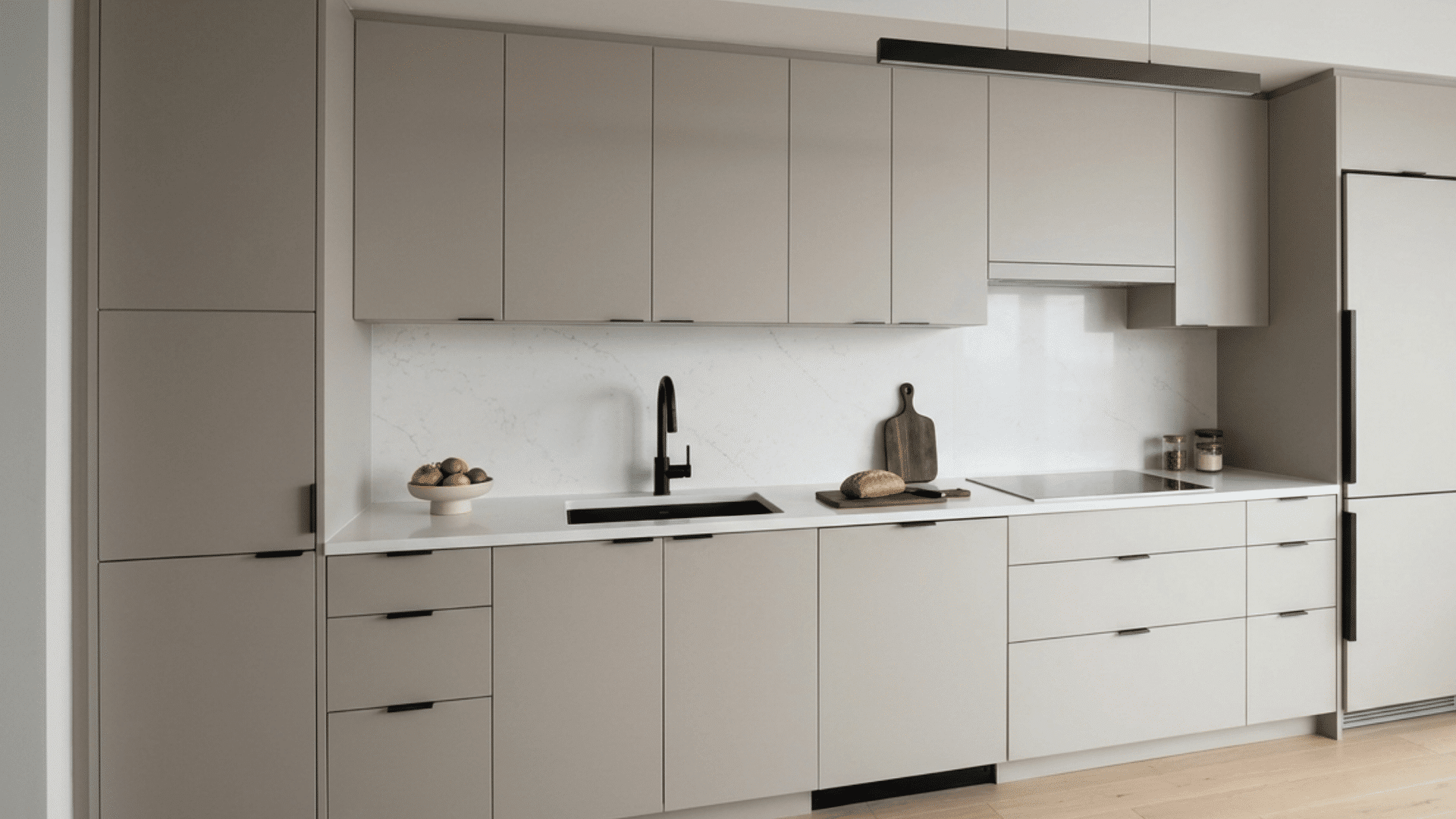 Greige flat-panel cabinets in a sleek minimalist kitchen.