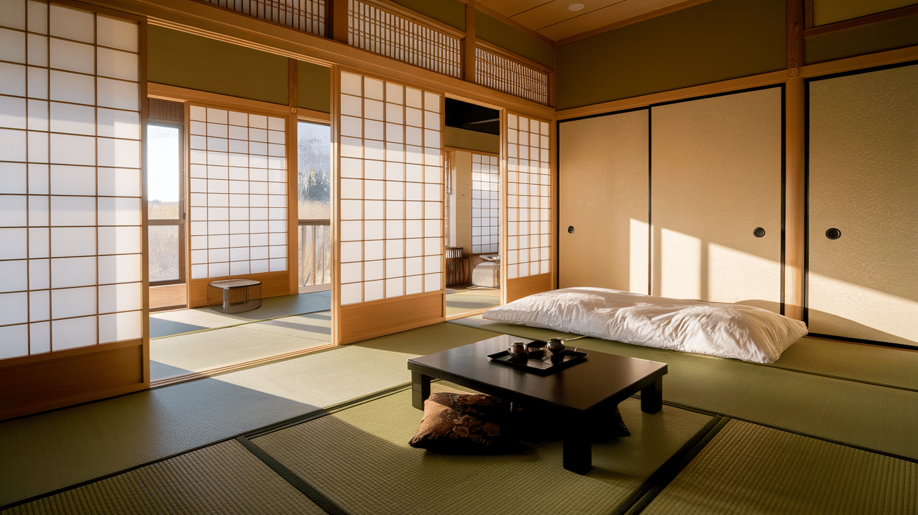 Japanese-style guest room with tatami mats, futon bed, low table, and sliding shoji doors.