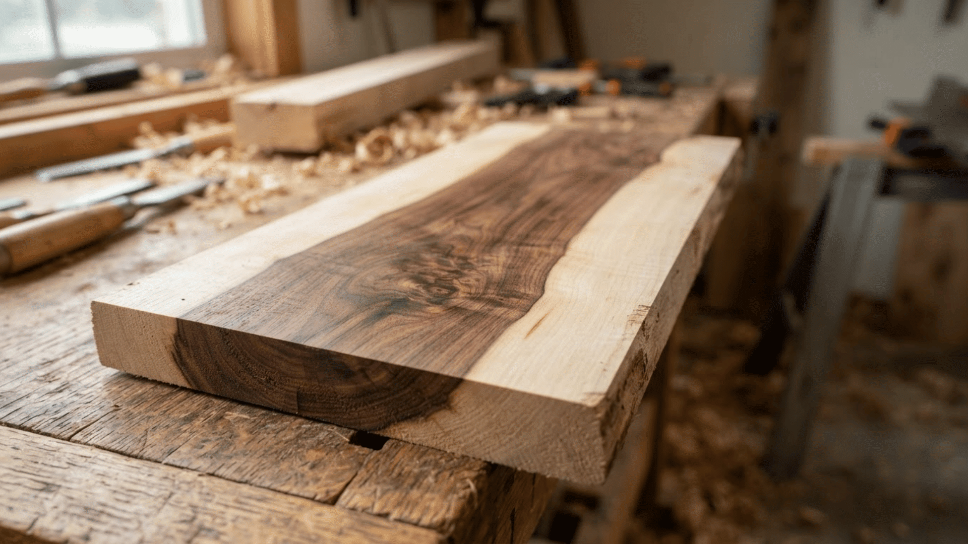 unfinished maple board showing pale sapwood and dark heartwood grain