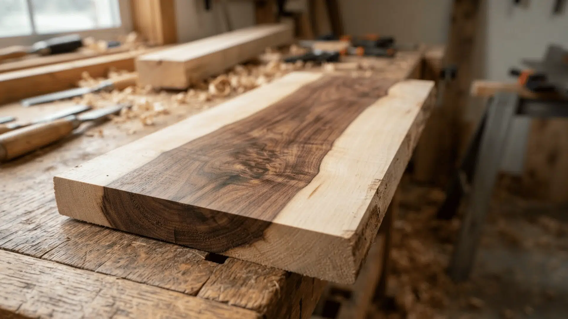 unfinished maple board showing pale sapwood and dark heartwood grain