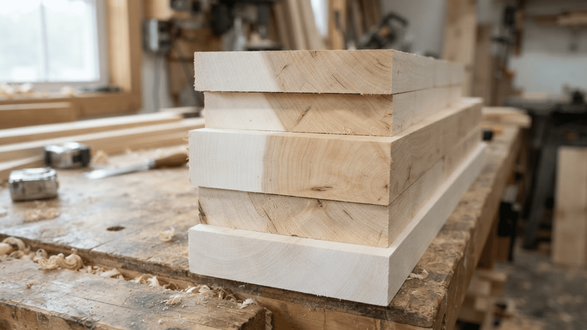 stack of hard maple wood boards on a woodworking bench