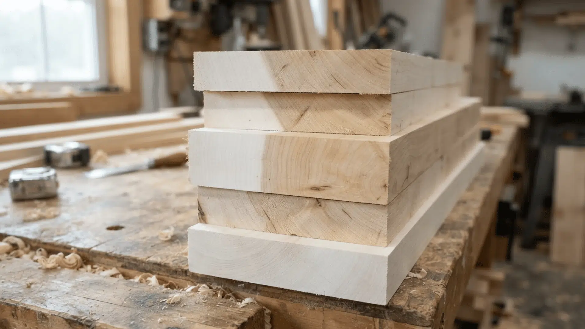 stack of hard maple wood boards on a woodworking bench