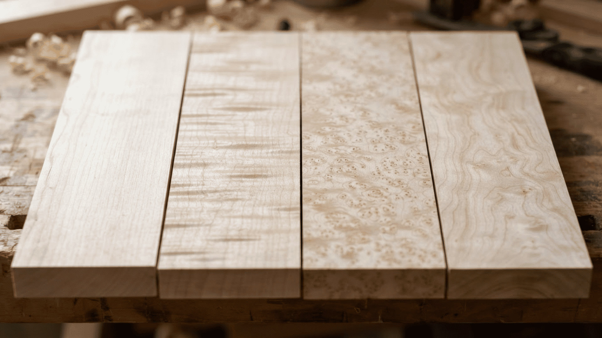 hard maple boards displaying straight curly birdseye and wavy grain