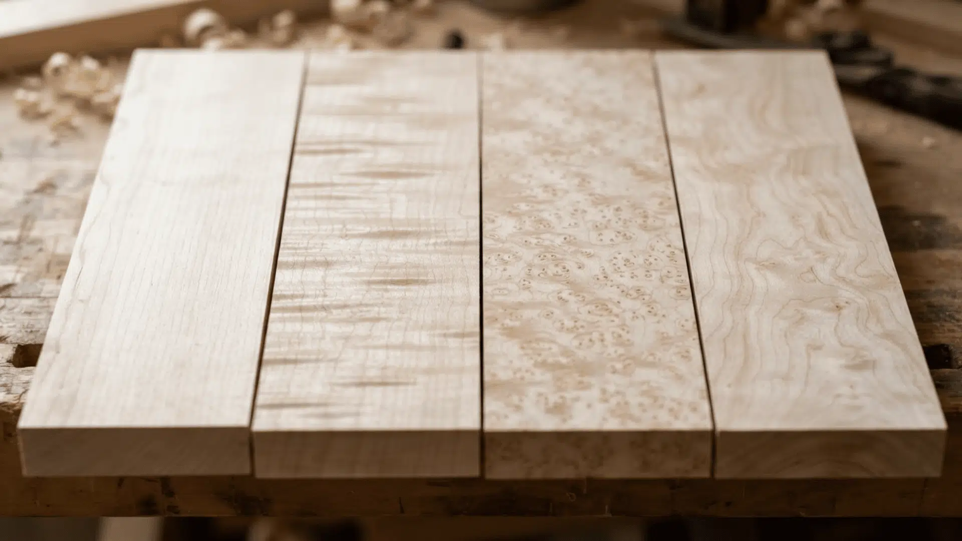 hard maple boards displaying straight curly birdseye and wavy grain