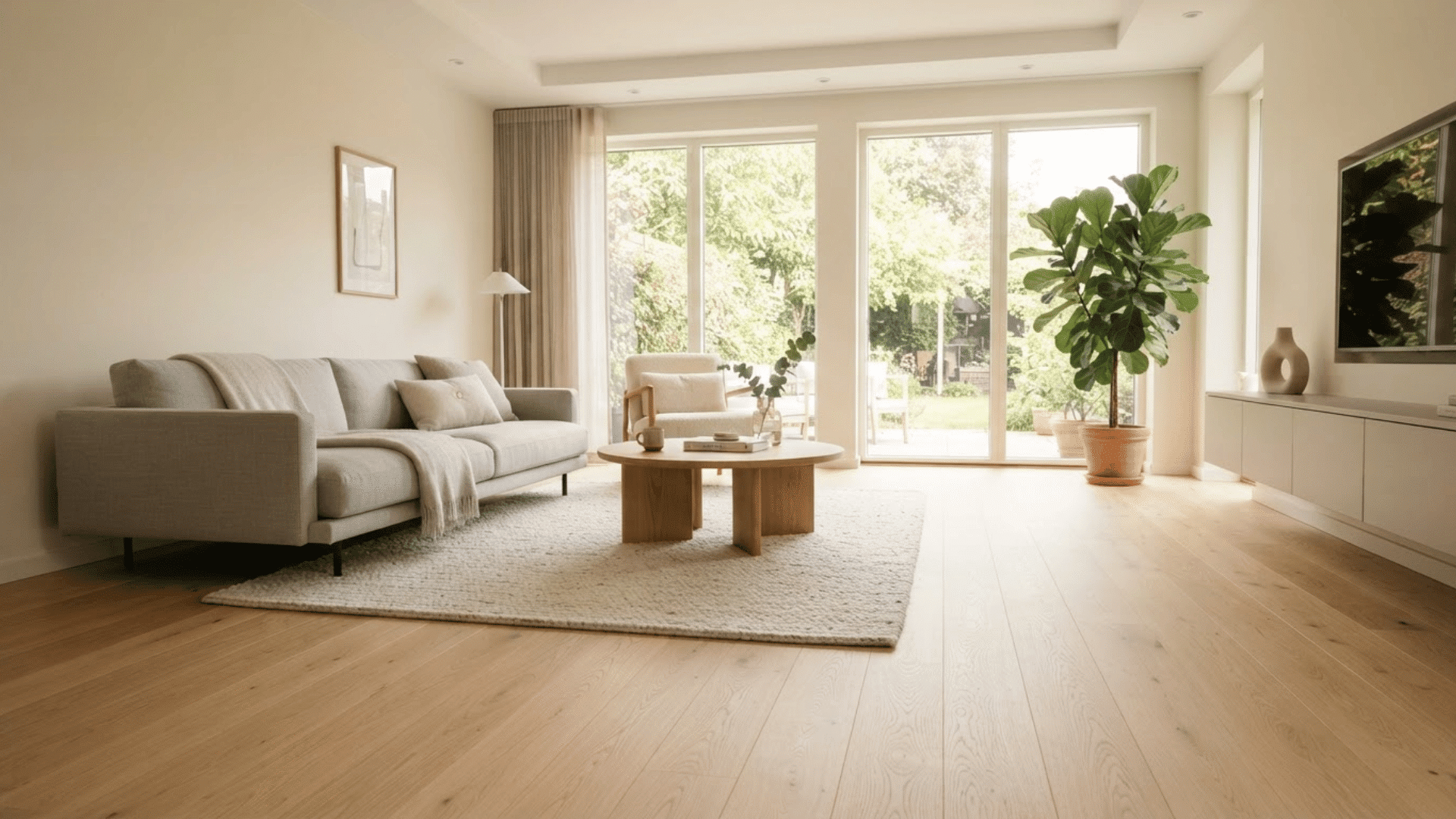bright living room with smooth light colored hard maple flooring