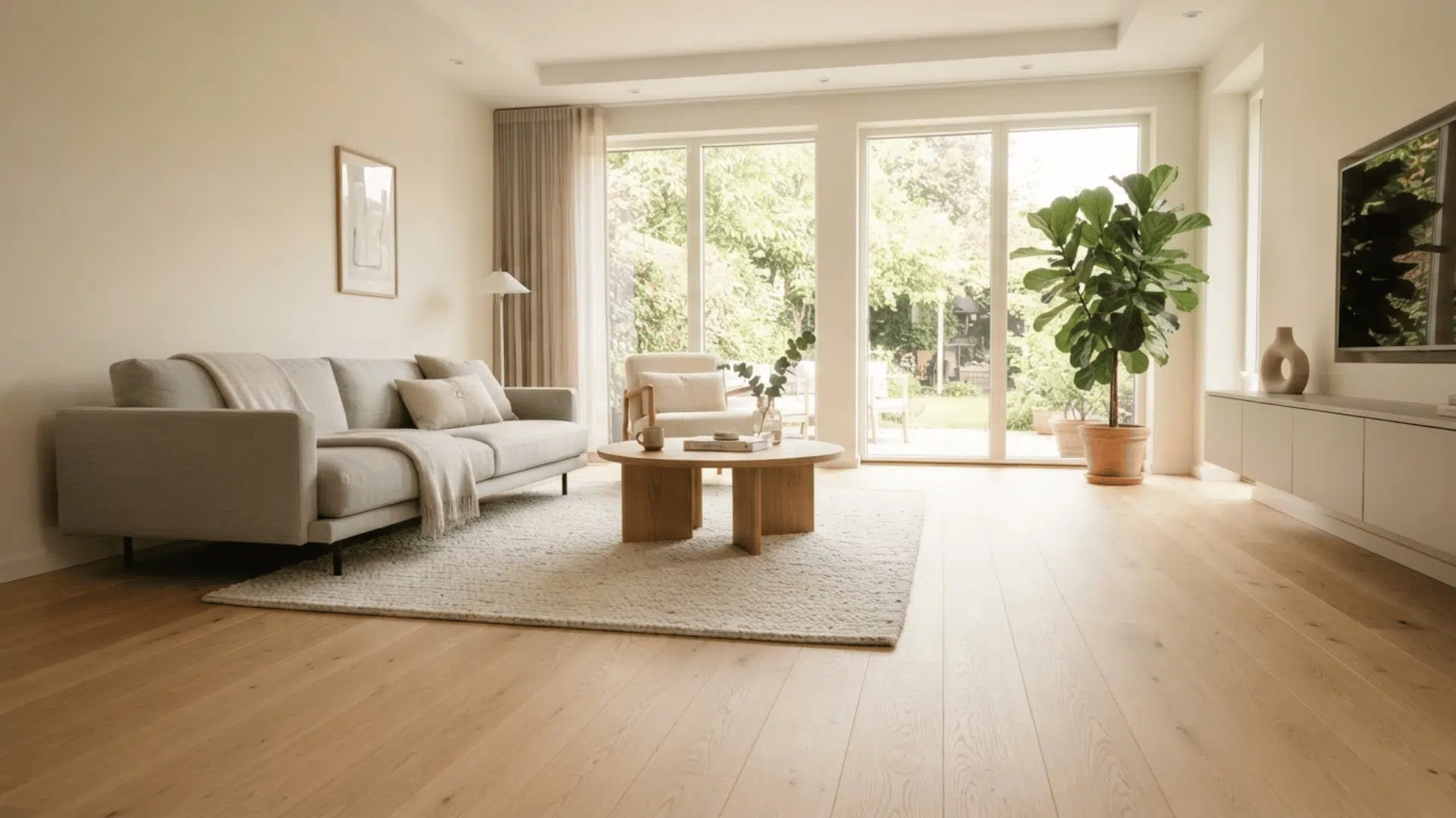 bright living room with smooth light colored hard maple flooring