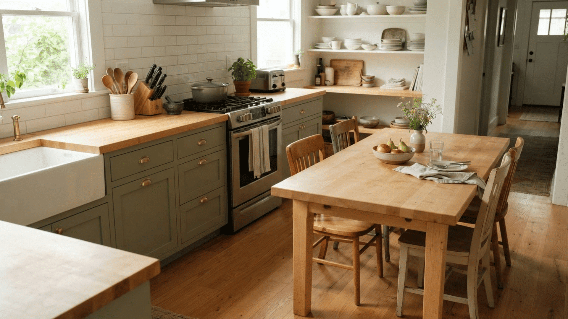 kitchen with hard maple butcher block counters and a wooden dining table