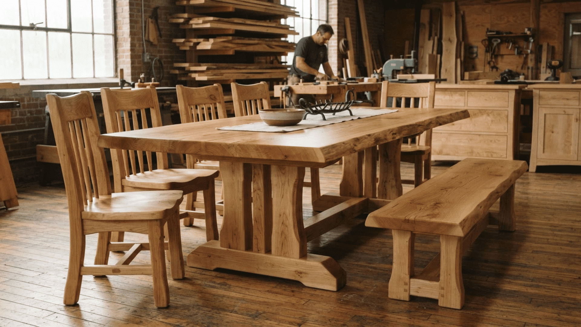 heavy use hard maple dining table chairs and bench in a woodworking shop