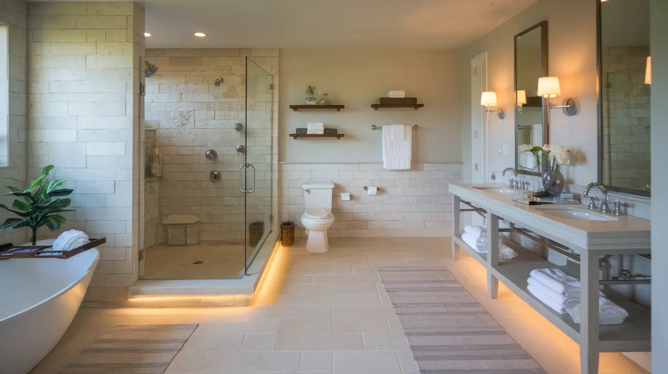 spacious bathroom with heated tile floors, a glass shower, bathtub, and double vanity