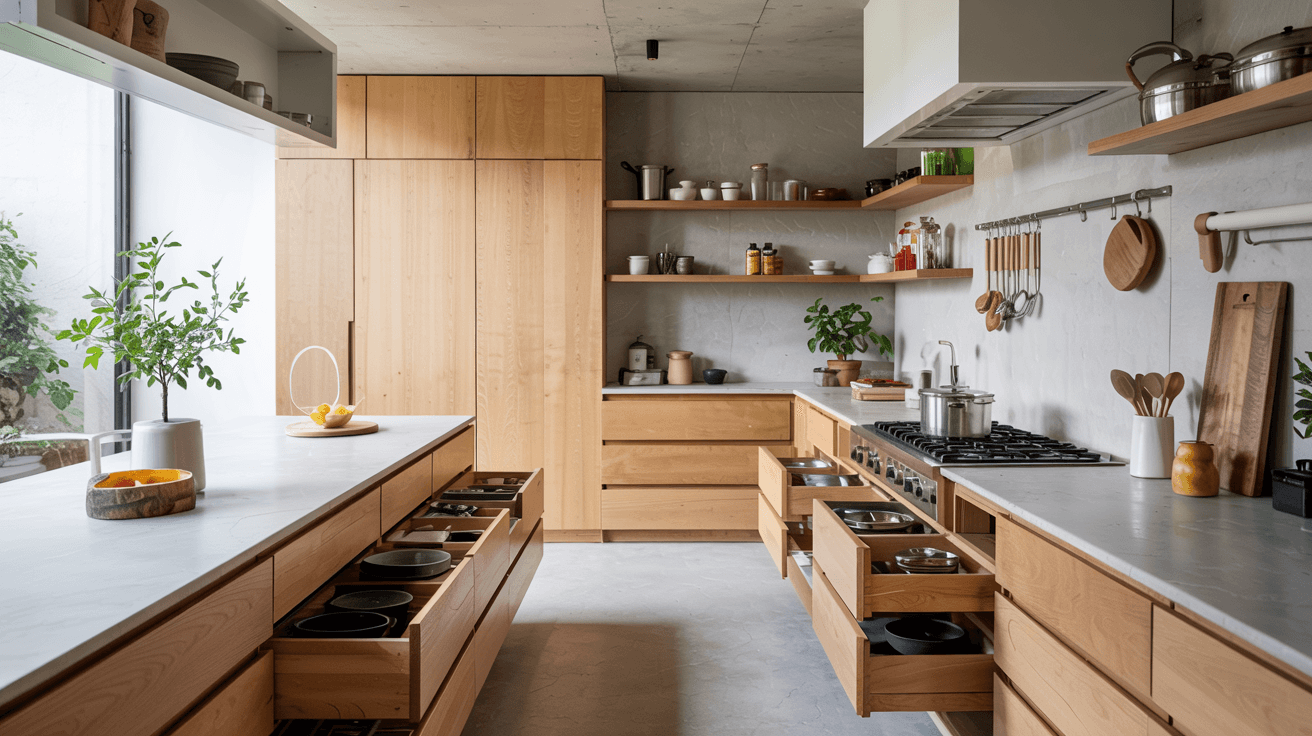 modern galley kitchen with deep storage drawers, wood cabinets, open shelves, and hanging utensils