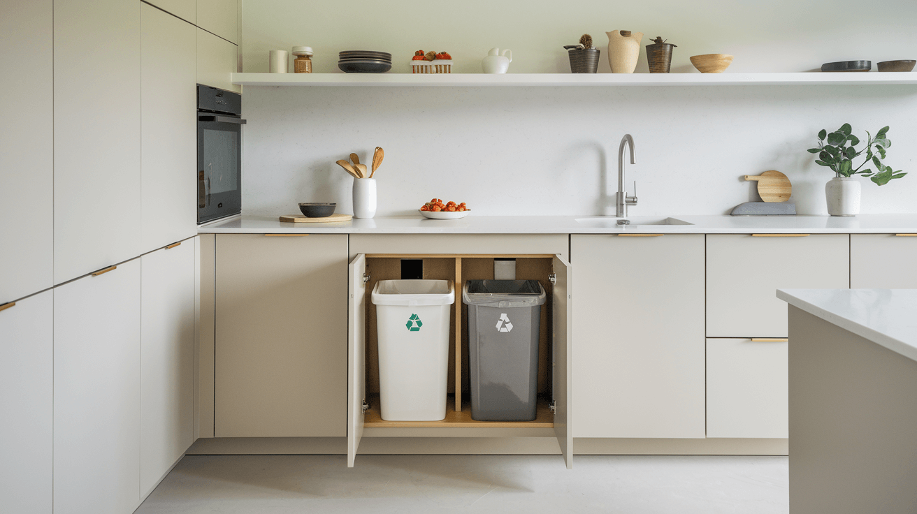 white kitchen with concealed trash and recycling bins stored beneath the countertop