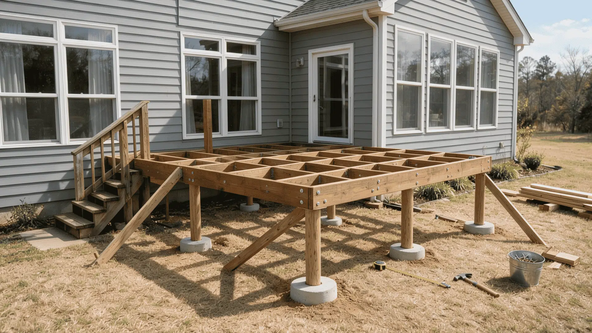 Wooden deck frame construction with posts and joists beside a house