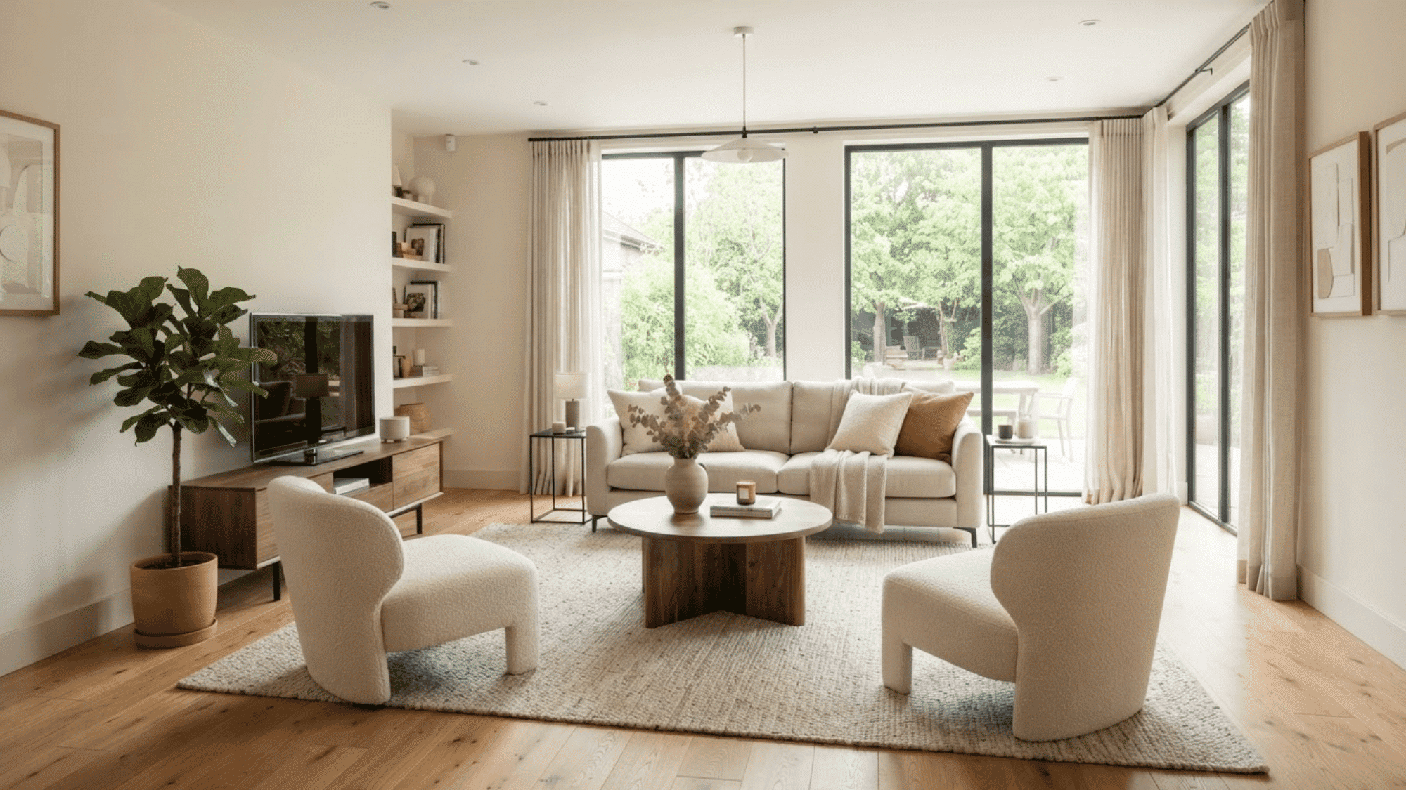 Bright living room with beige sofa, curved chairs, round table, rug, TV unit, and large windows.