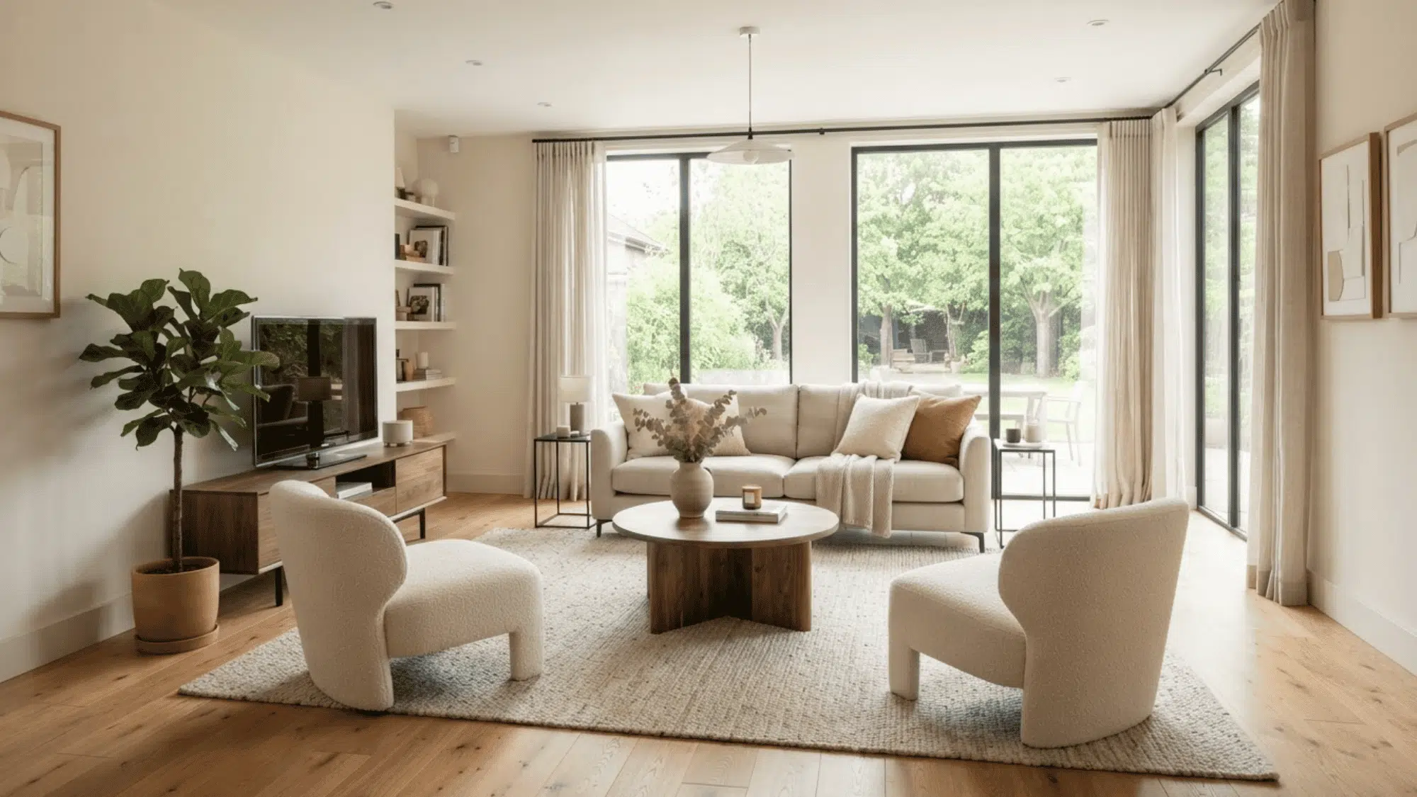 Bright living room with beige sofa, curved chairs, round table, rug, TV unit, and large windows.