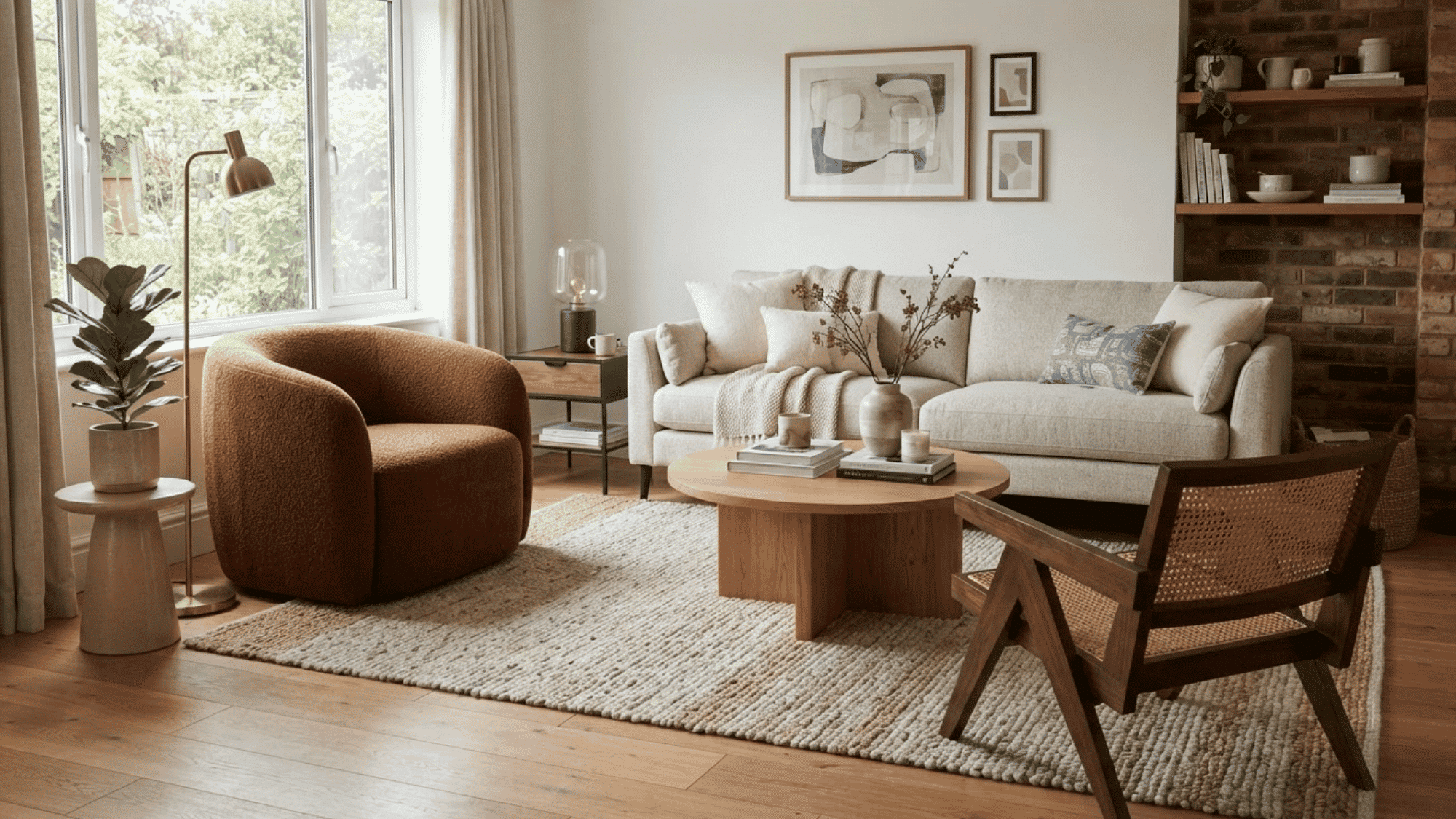 Living room with cream sofa, rust chair, cane chair, round wood table, rug, and brick shelving.