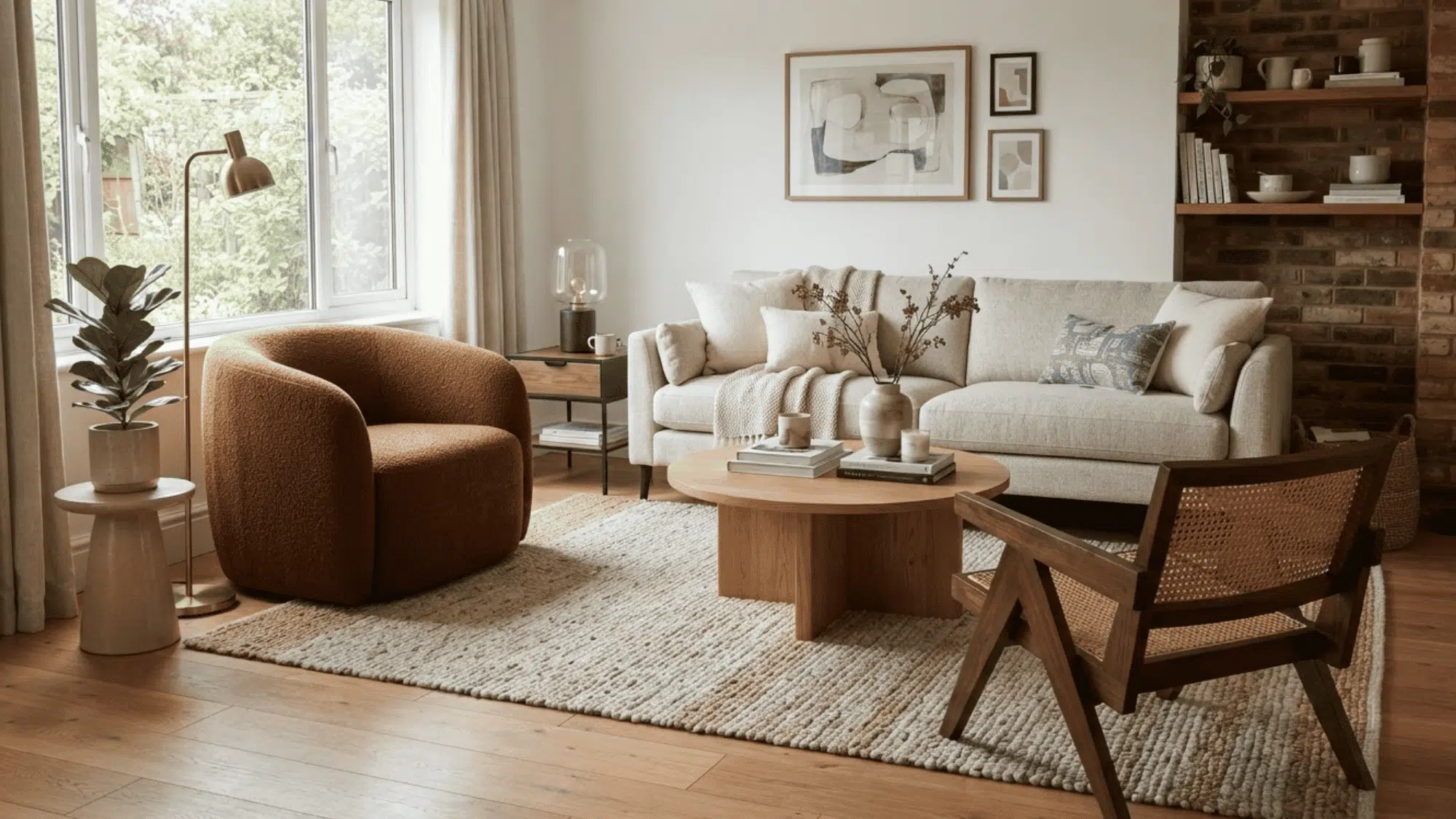 Living room with cream sofa, rust chair, cane chair, round wood table, rug, and brick shelving.