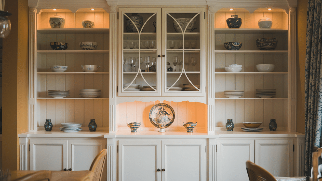 large hutch cabinet with glass doors, open shelves, drawers, and display items