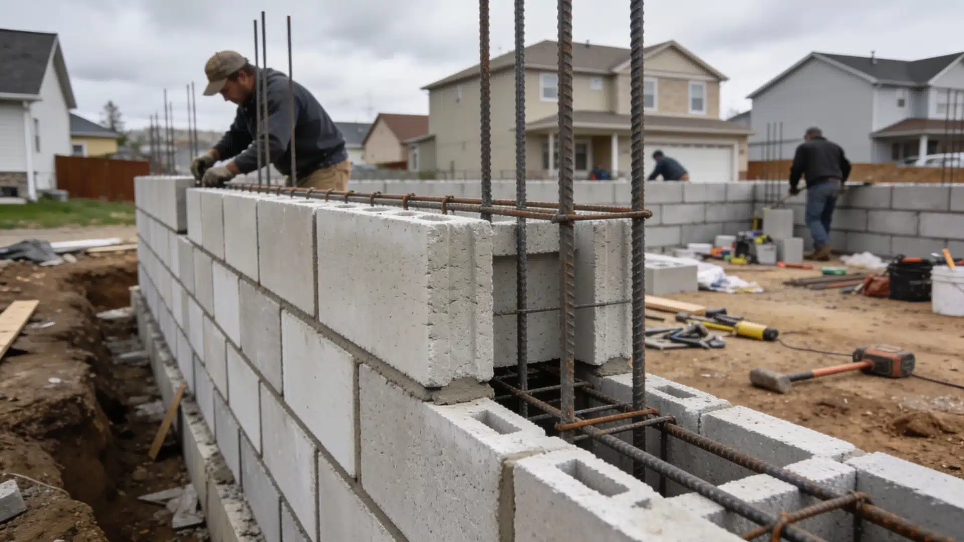 ICF blocks stacked and reinforced with rebar during a home foundation build