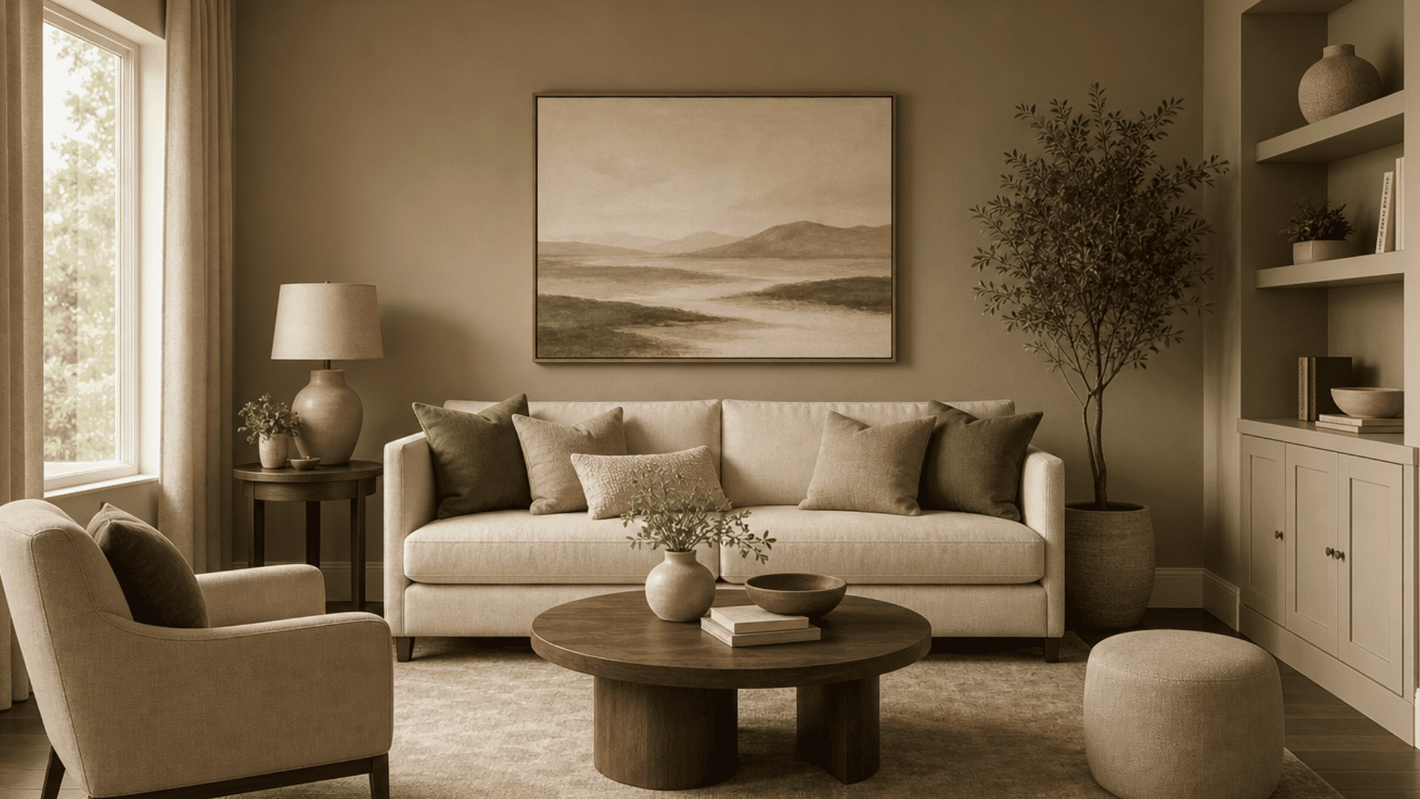 living room with matching ceiling and walls creating a balanced visual design.
