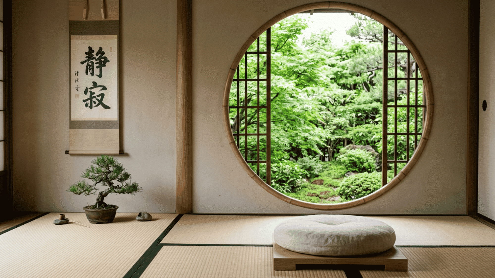 Minimalist Japanese room with tatami floor and garden view