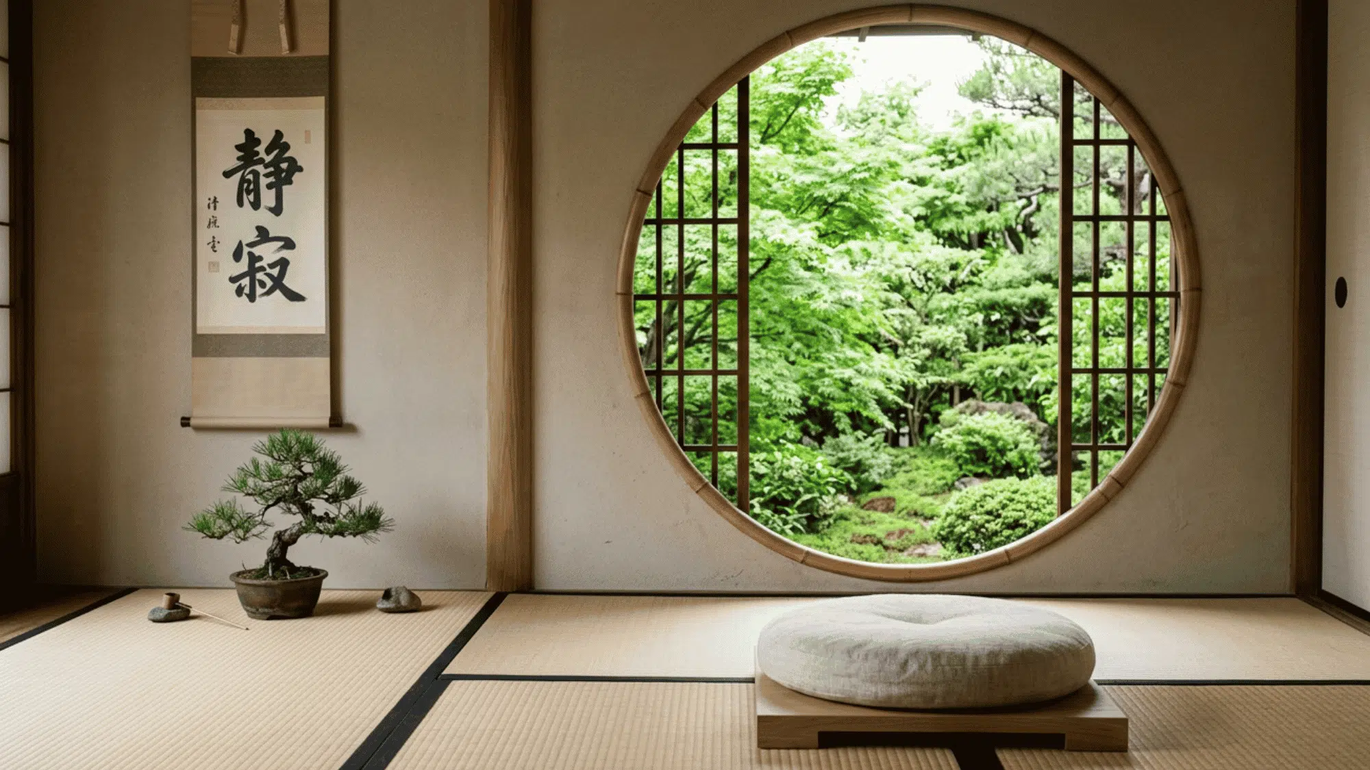 Minimalist Japanese room with tatami floor and garden view
