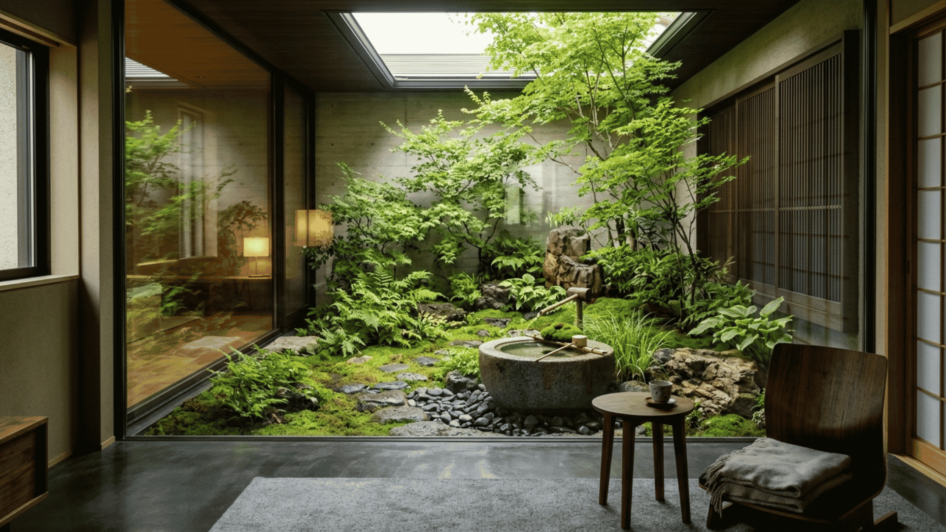 indoor Japanese courtyard with moss, trees, stone basin, and wooden seating