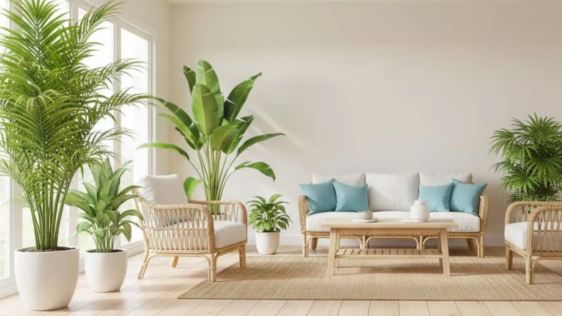 bright coastal living room filled with tall indoor tropical plants